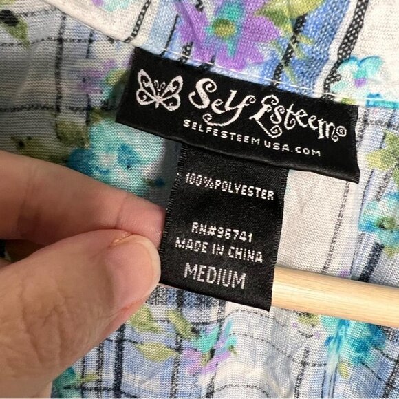 Self Esteem Womens Size Medium Blue Plaid Short Sleeve Button Up Blouse Tie UP - Picture 5 of 9